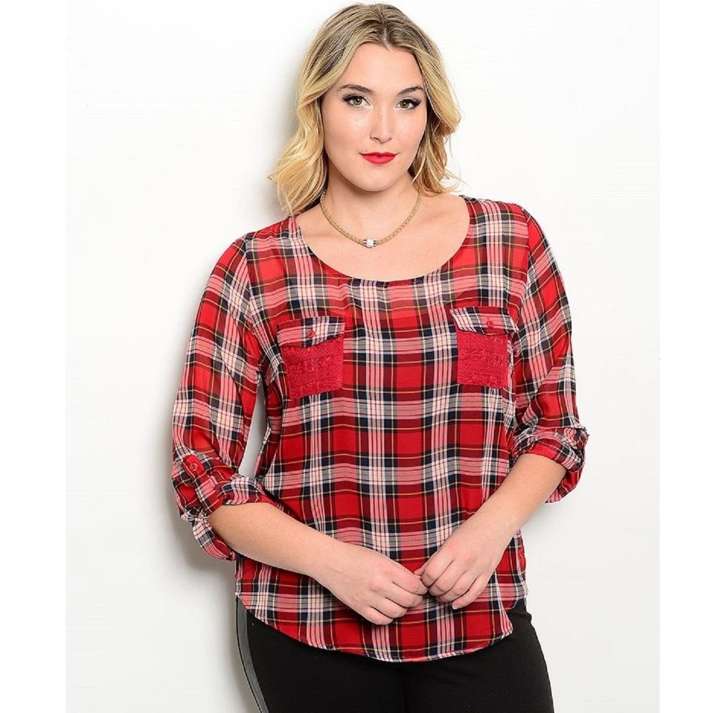 E M TOO Women's Sheer Red Plaid Tunic Top Lace Yoke Scoop Neck Size 2XL  NWT